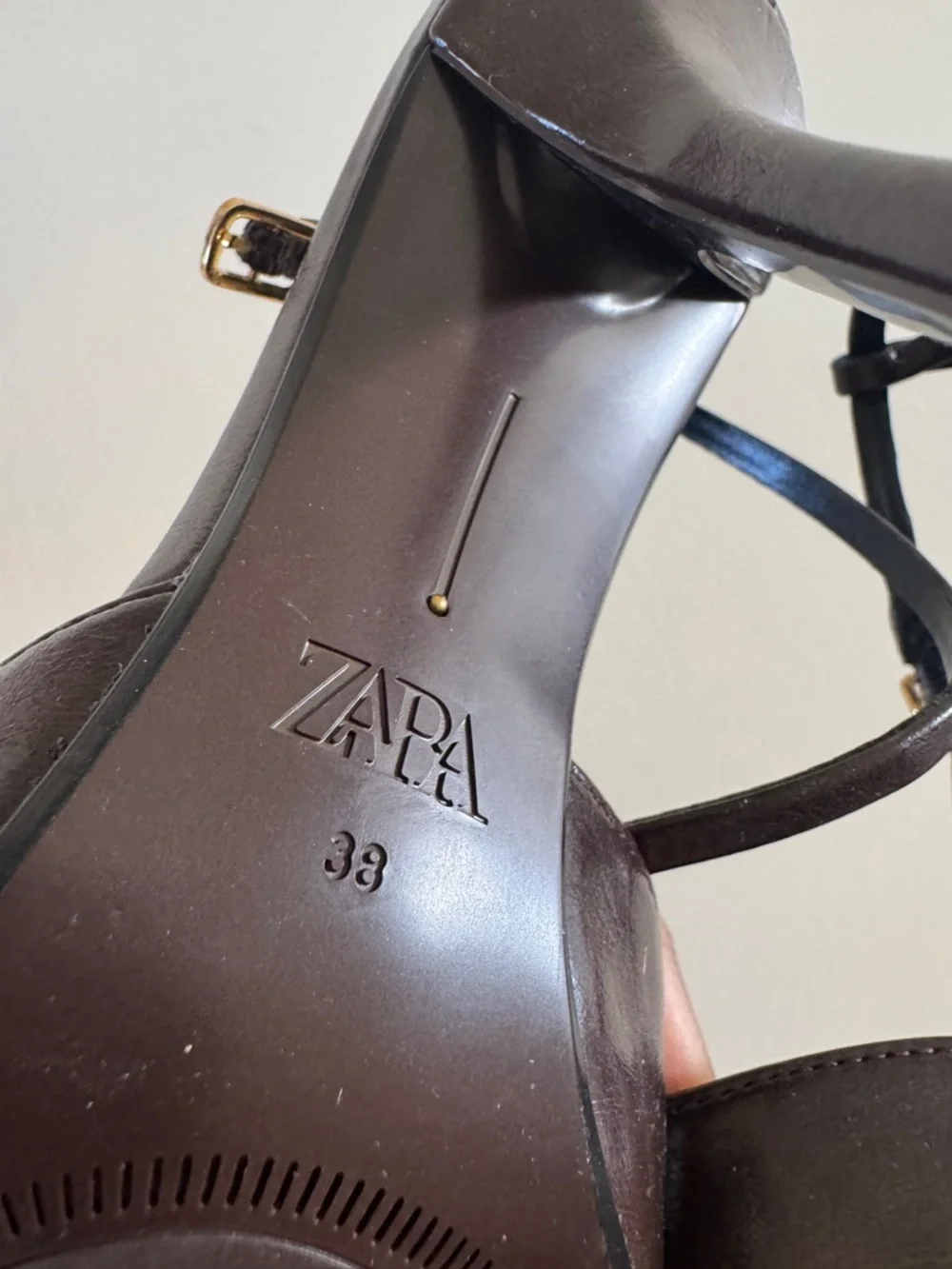 Zara Chocolate Brown Pointed Toe Strappy Heels with Gold Buckles - Picture 6 of 7